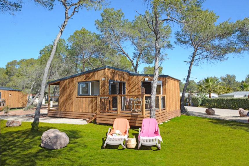 Chalet Premium en bois sous les pins, avec pelouse et transats