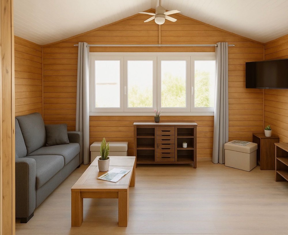 Séjour lumineux d'un chalet familial, tout équipé