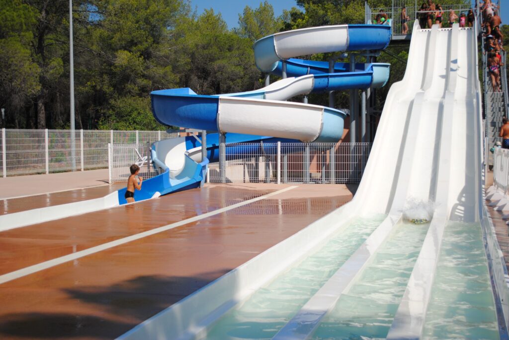 Water slides at the Oasis Village campsite in Puget-sur-Argens, multi-lane slides and spirals